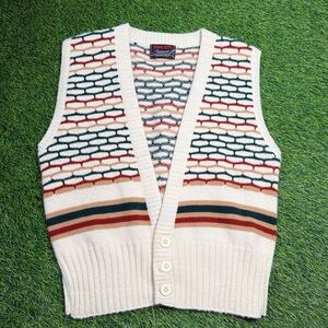 Vintage Campus Short Tops Knit Sweater Vest Cream Multicolor Striped Womens Sz L